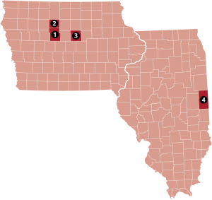 A map of Iowa and Illinois in red with their borders and counties outlined in white. Three counties labeled 1, 2, and 3 are colored in dark red in Iowa and one county labeled 4 is colored in dark red in Illinois.